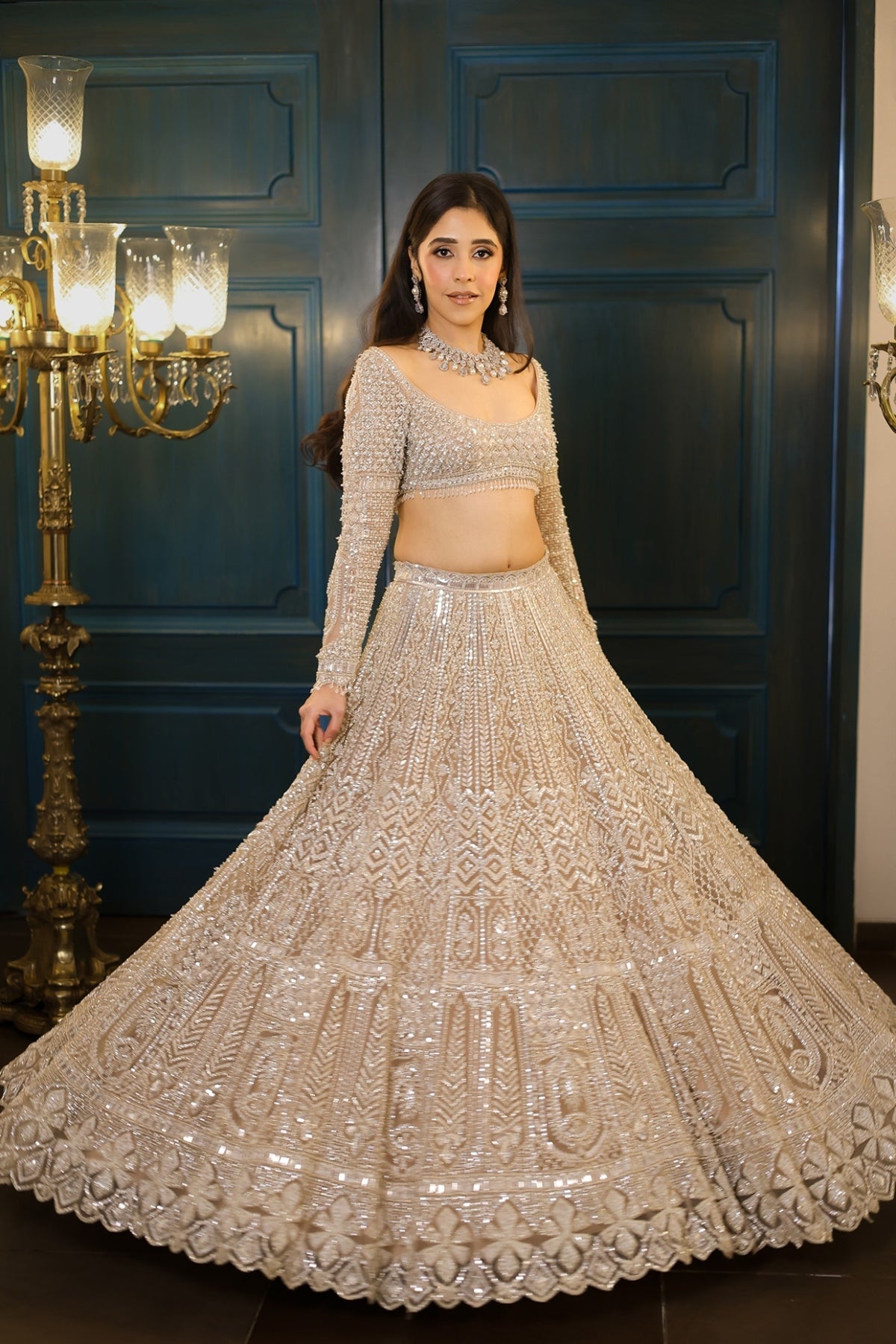 Nude Net Floral Embroidered Lehenga Set