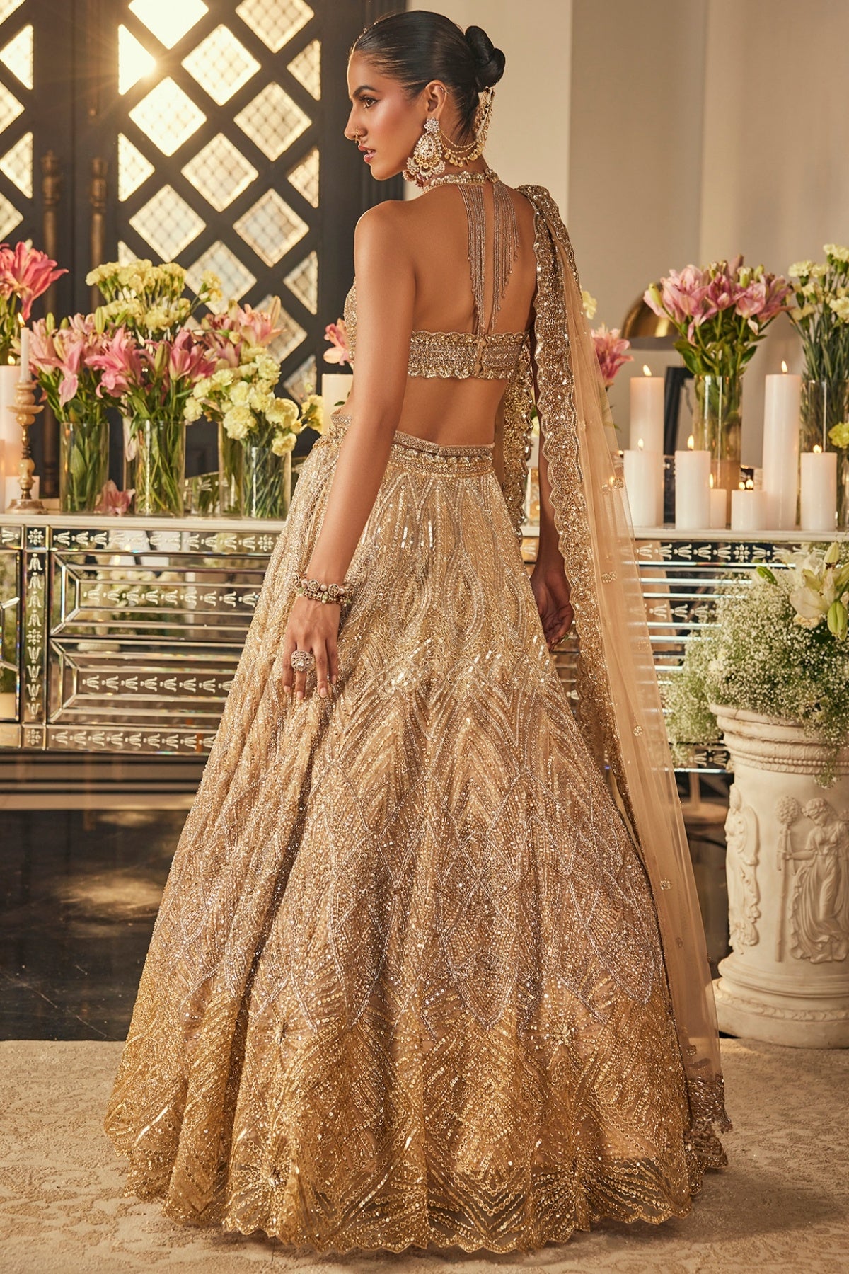 Gold Ombre Net Cutdana Embroidered Lehenga Set