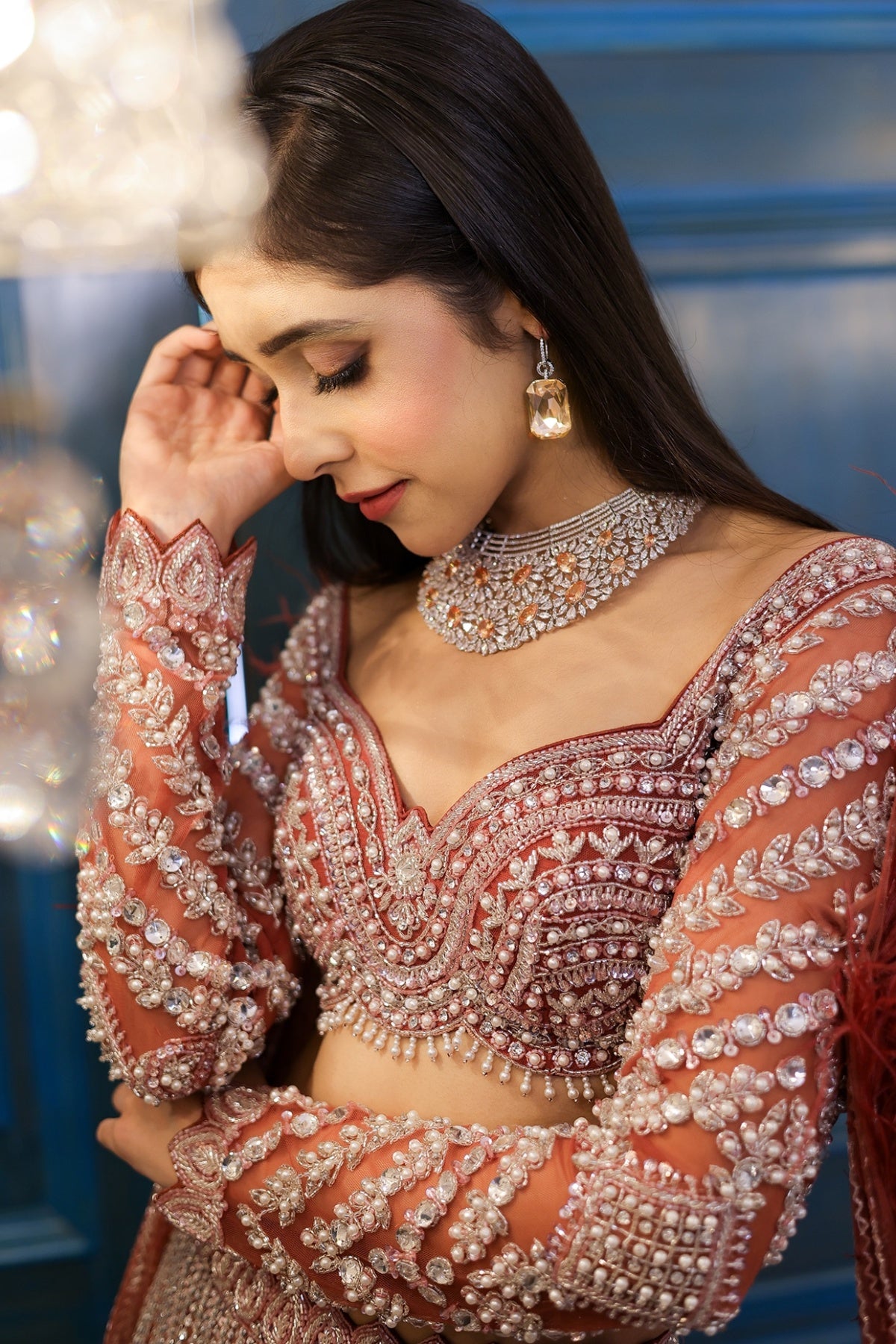 Peachy Brown Net Cutdana Embroidered Lehenga Set