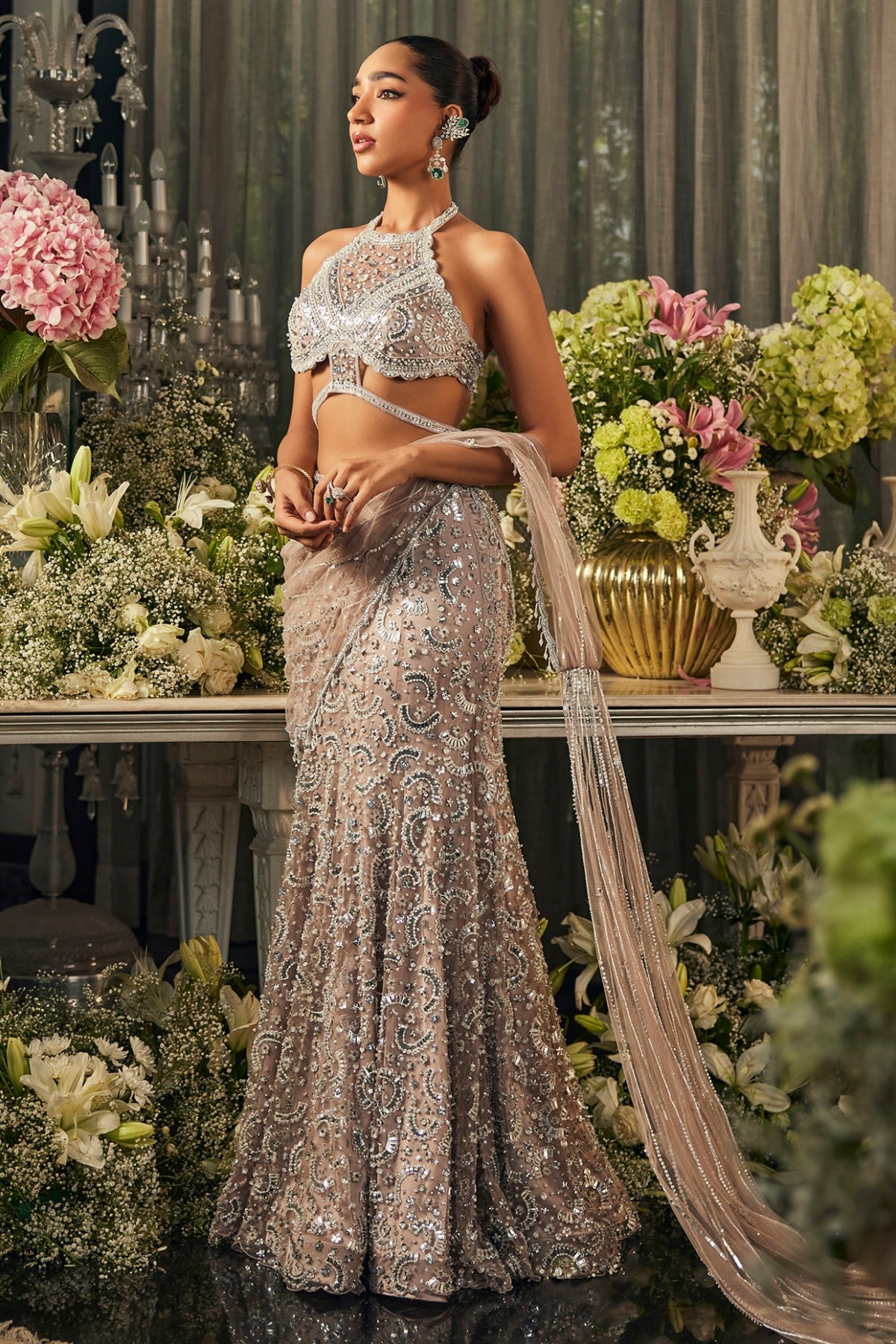 Nude Grey Net Sequins & Cutdana Embroidered Pre-Draped Skirt Saree Set