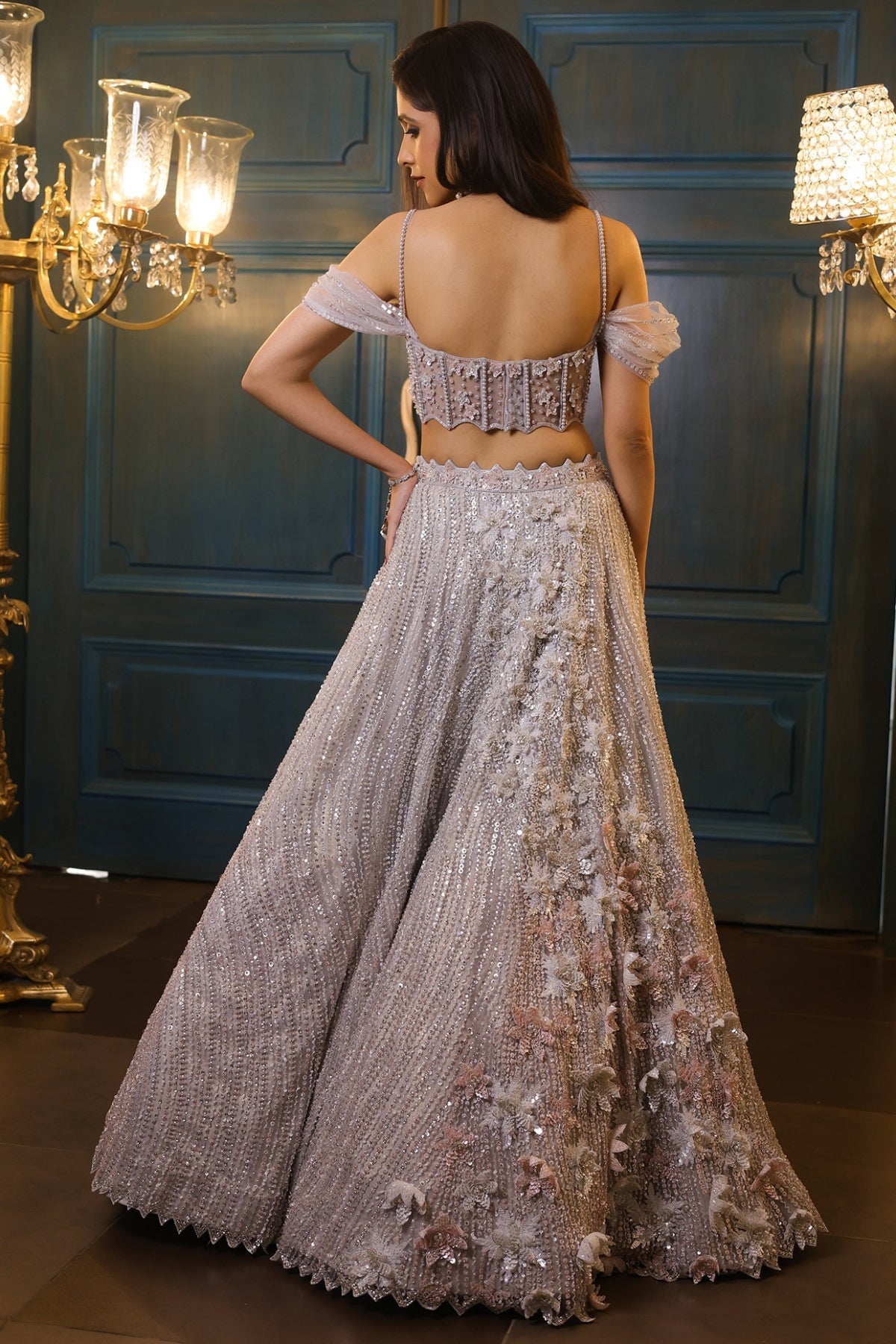 Powder Blue Net 3D Floral Embroidered Lehenga Set