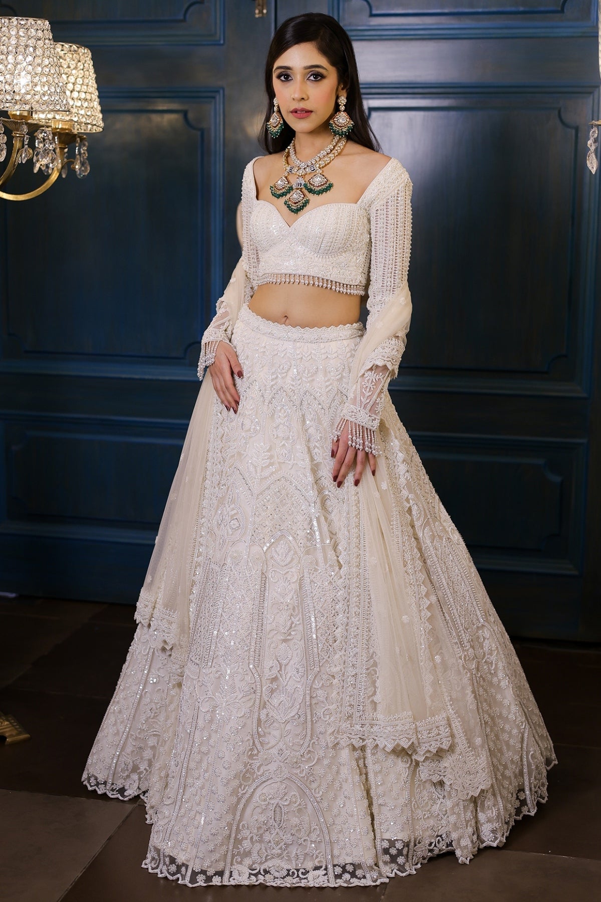 Ivory Net Sequins Embroidered Lehenga Set