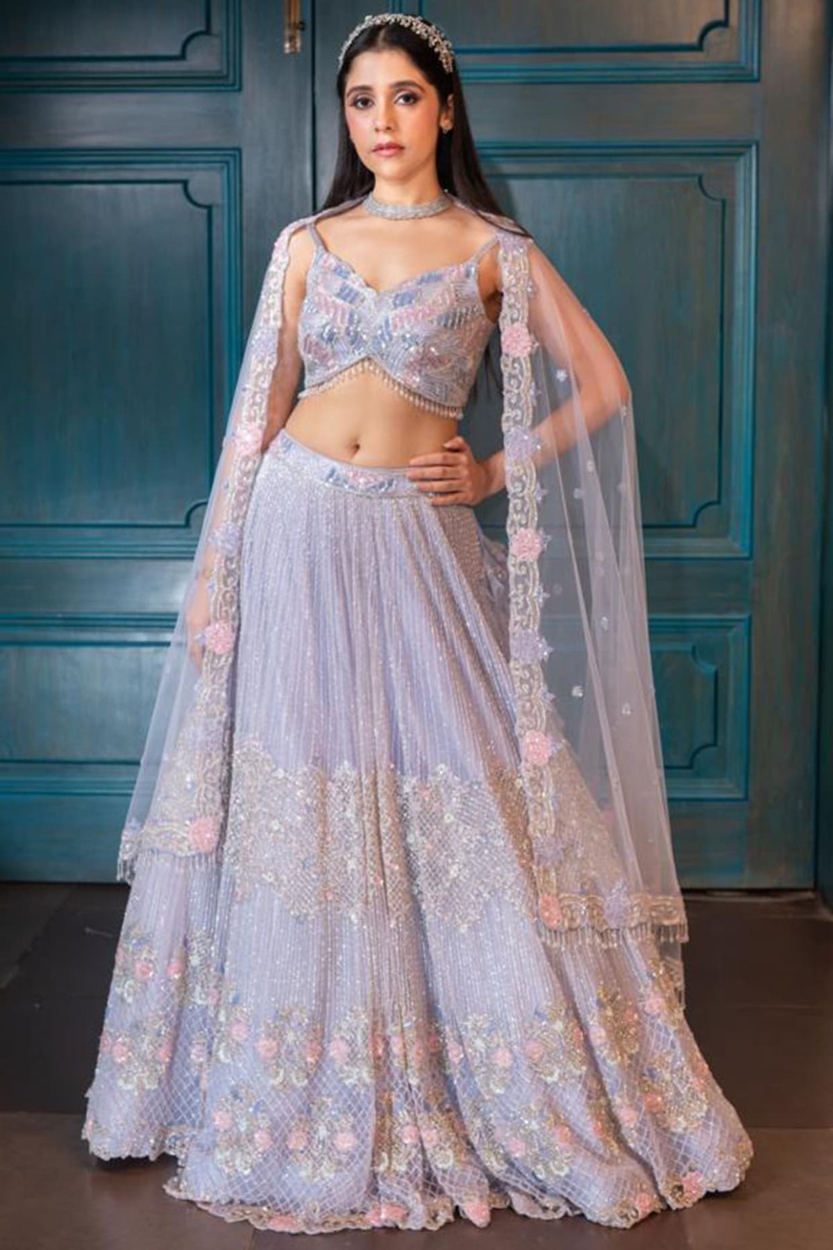 Periwinkle Net Embroidered Lehenga Set