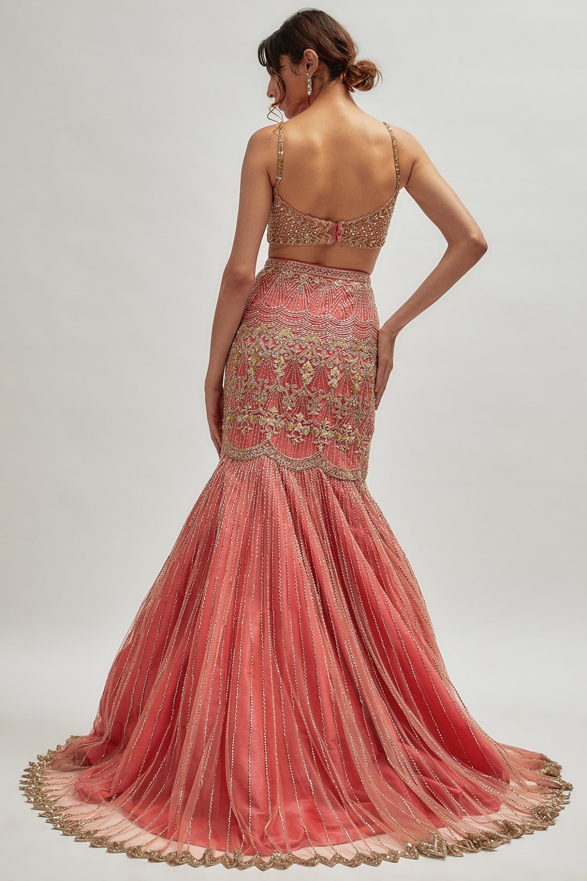 Coral Pink Net Embroidered Fish-Cut Lehenga Set