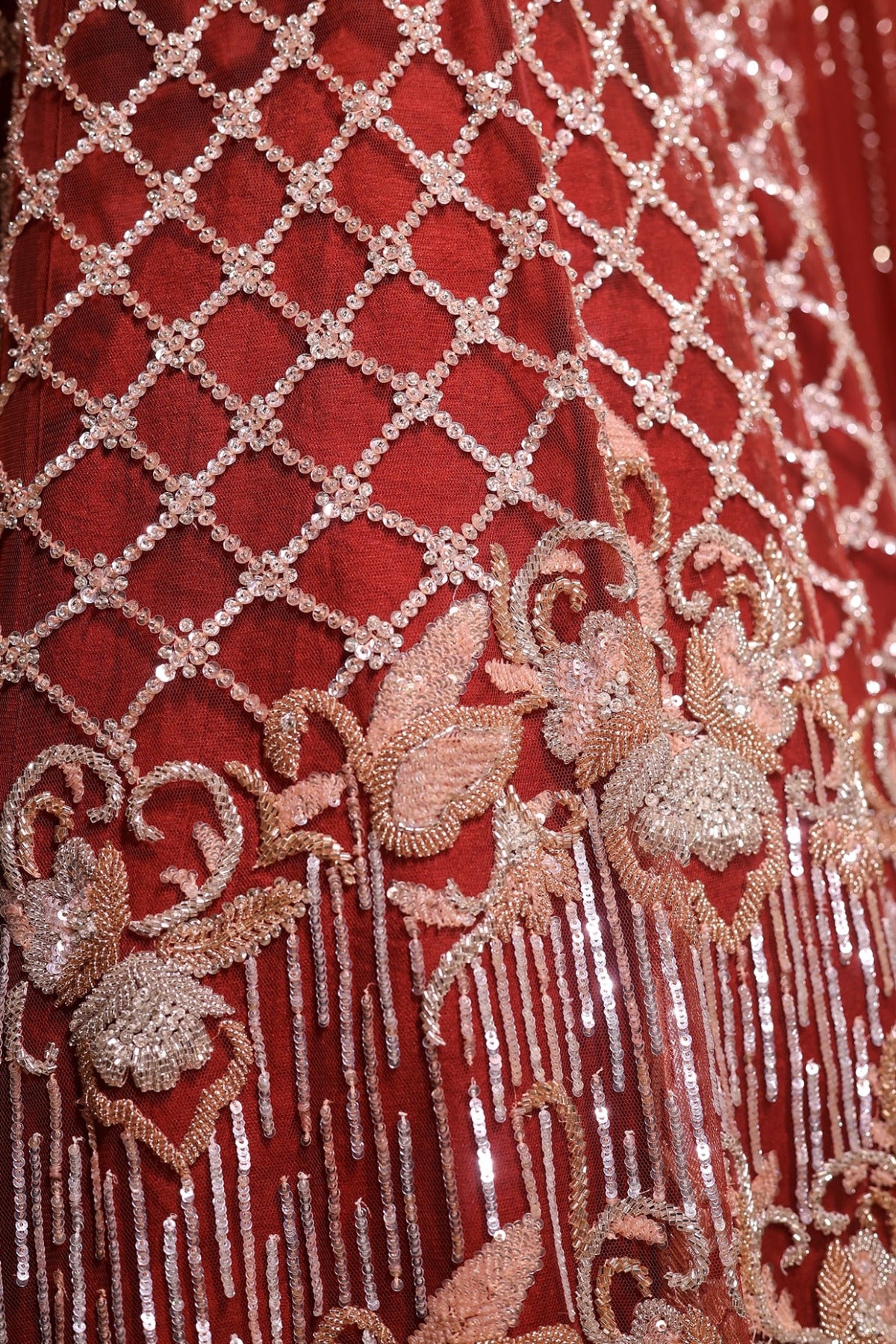 Caramel Brown Net Crystal & Bead Embroidered Lehenga Set