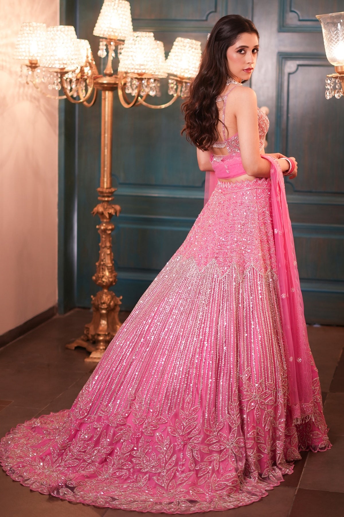 Pink Net Floral Embroidered Lehenga Set