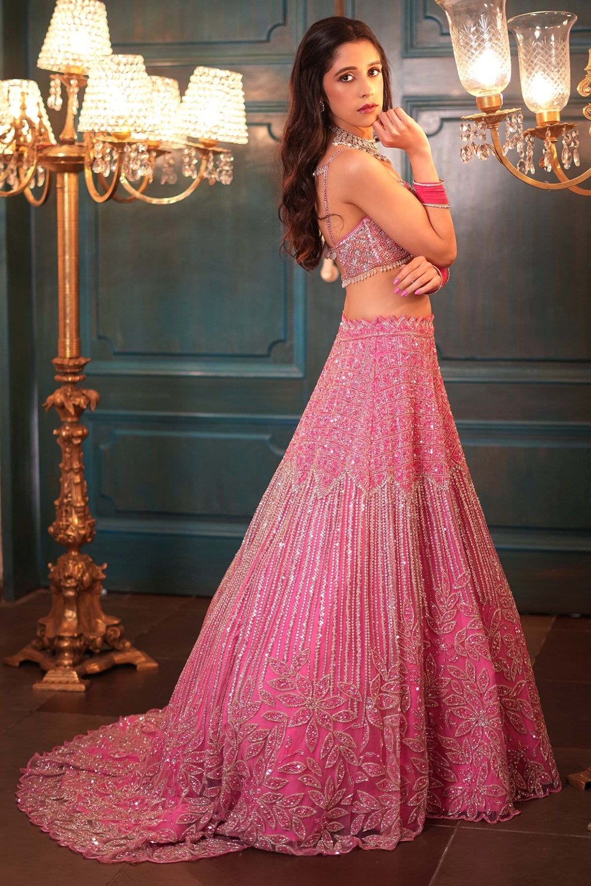 Pink Net Floral Embroidered Lehenga Set