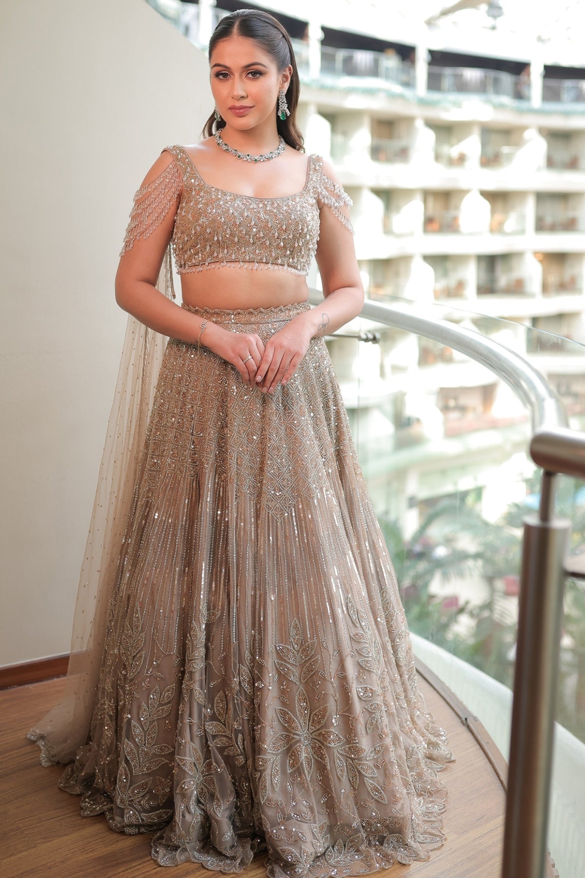 Beige Gold Net Embroidered Lehenga Set