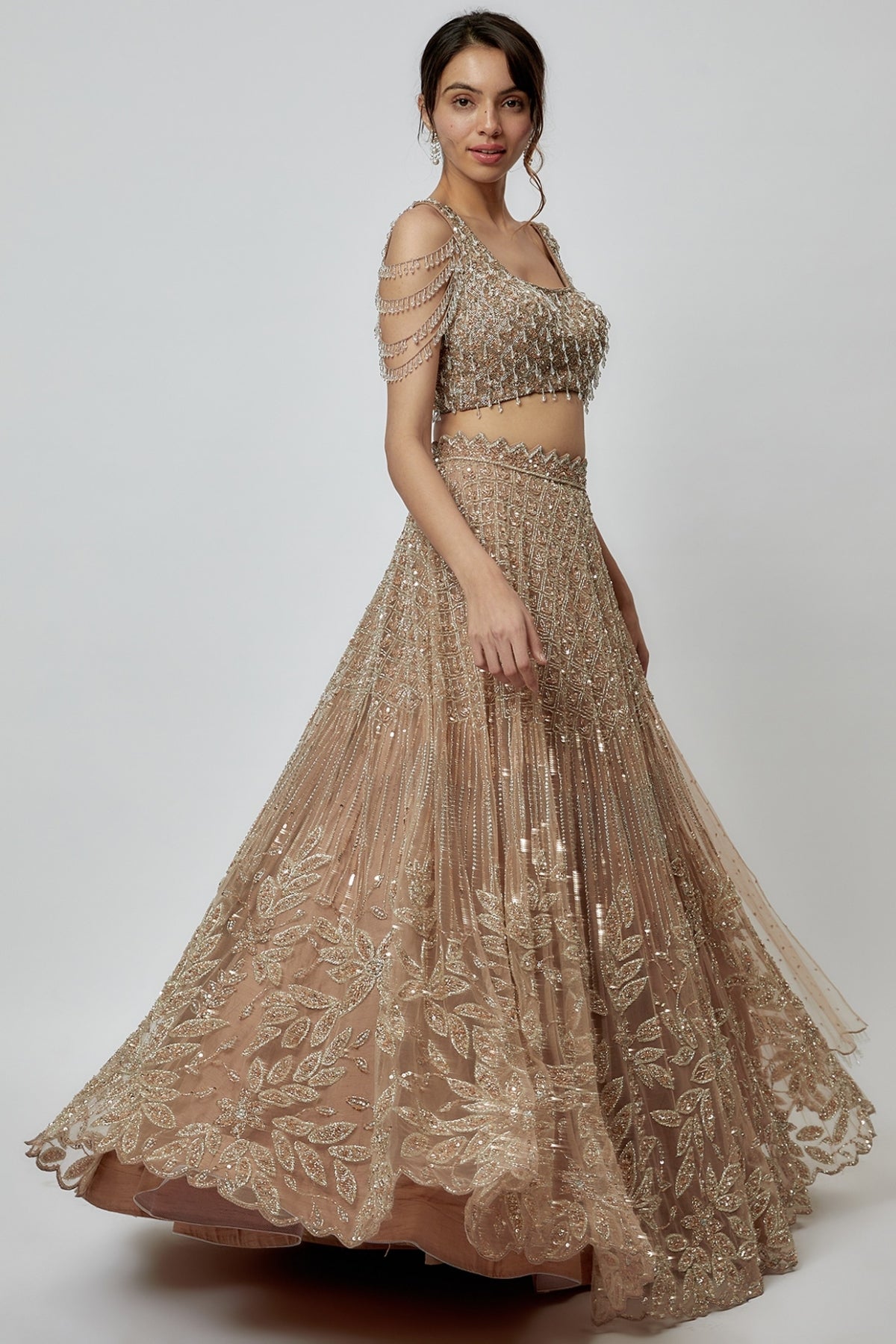 Beige Gold Net Embroidered Lehenga Set