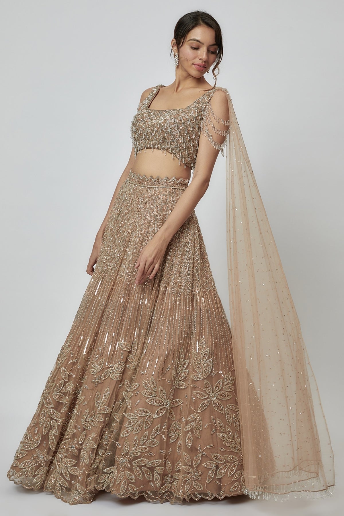 Beige Gold Net Embroidered Lehenga Set