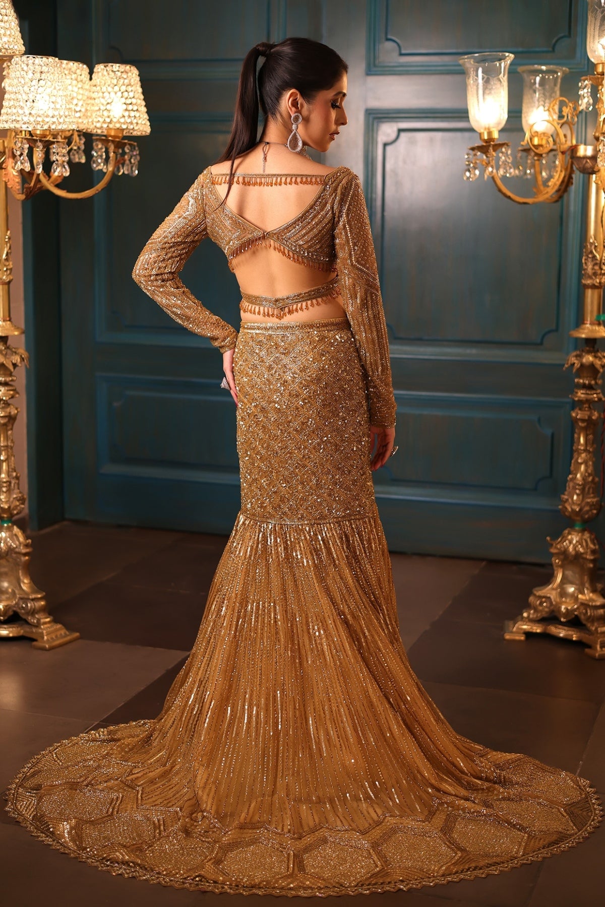 Gold Net Embroidered Fish-Cut Lehenga Set