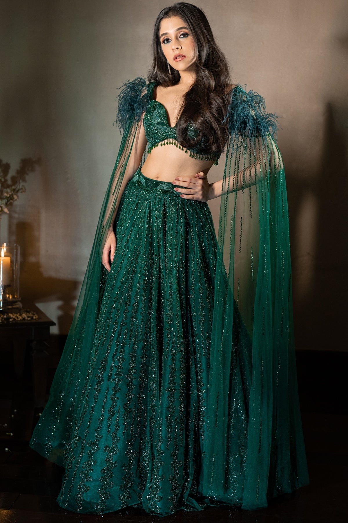 Emerald Green Net Hand Embroidered Lehenga Set