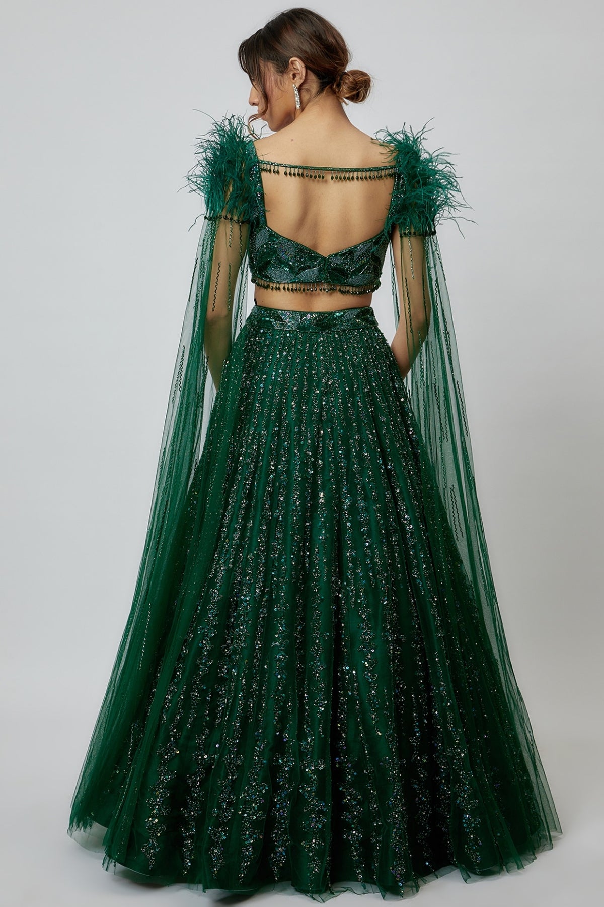 Emerald Green Net Hand Embroidered Lehenga Set