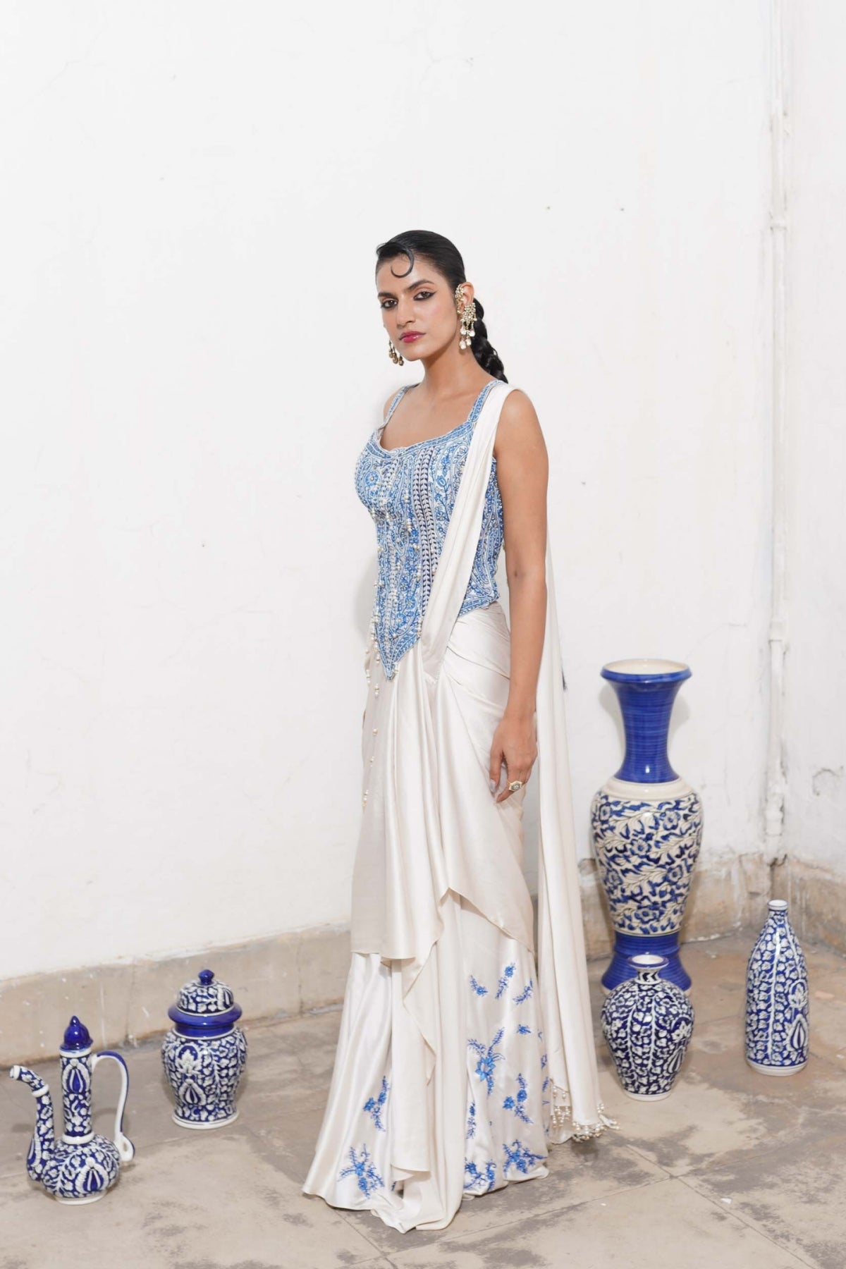 Ivory long corset with saree set