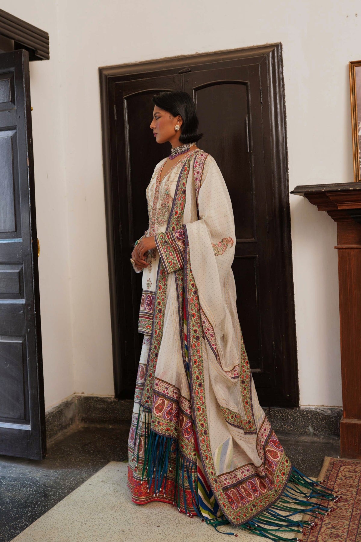 Ivory paisley short kurta with sharara set
