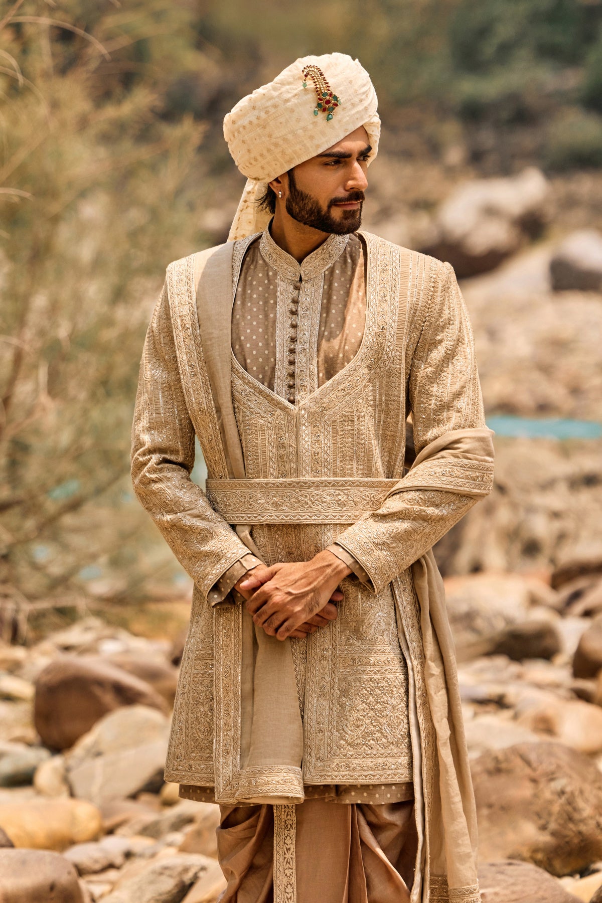 Mocha Worked Sherwani Set With Dhoti
