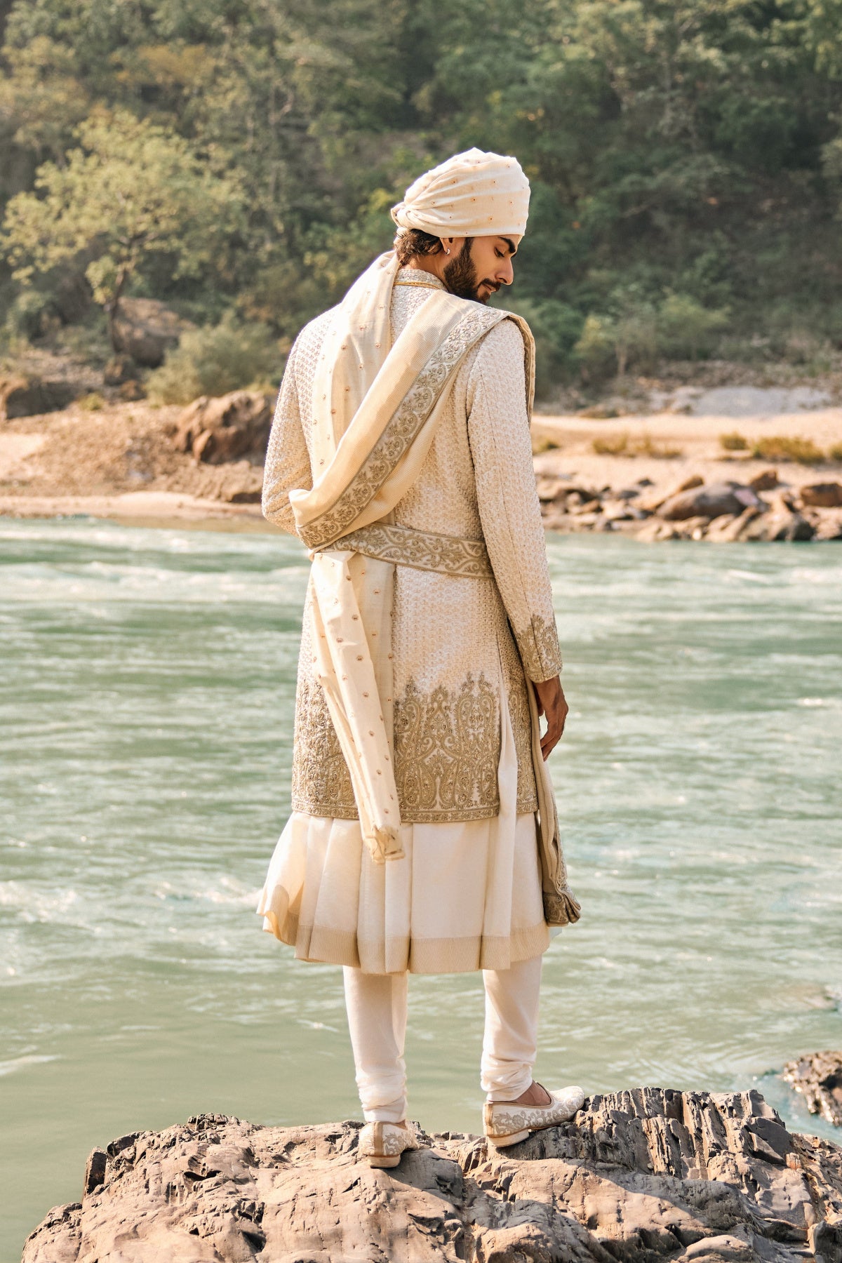 Ivory Raw Silk Sherwani Set
