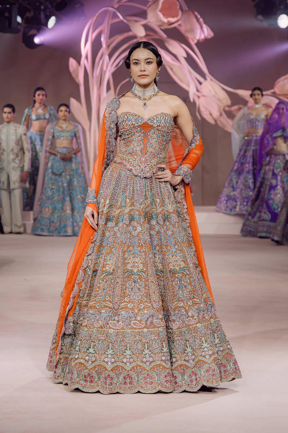 Zeba - Alloy orange mesh Lehenga