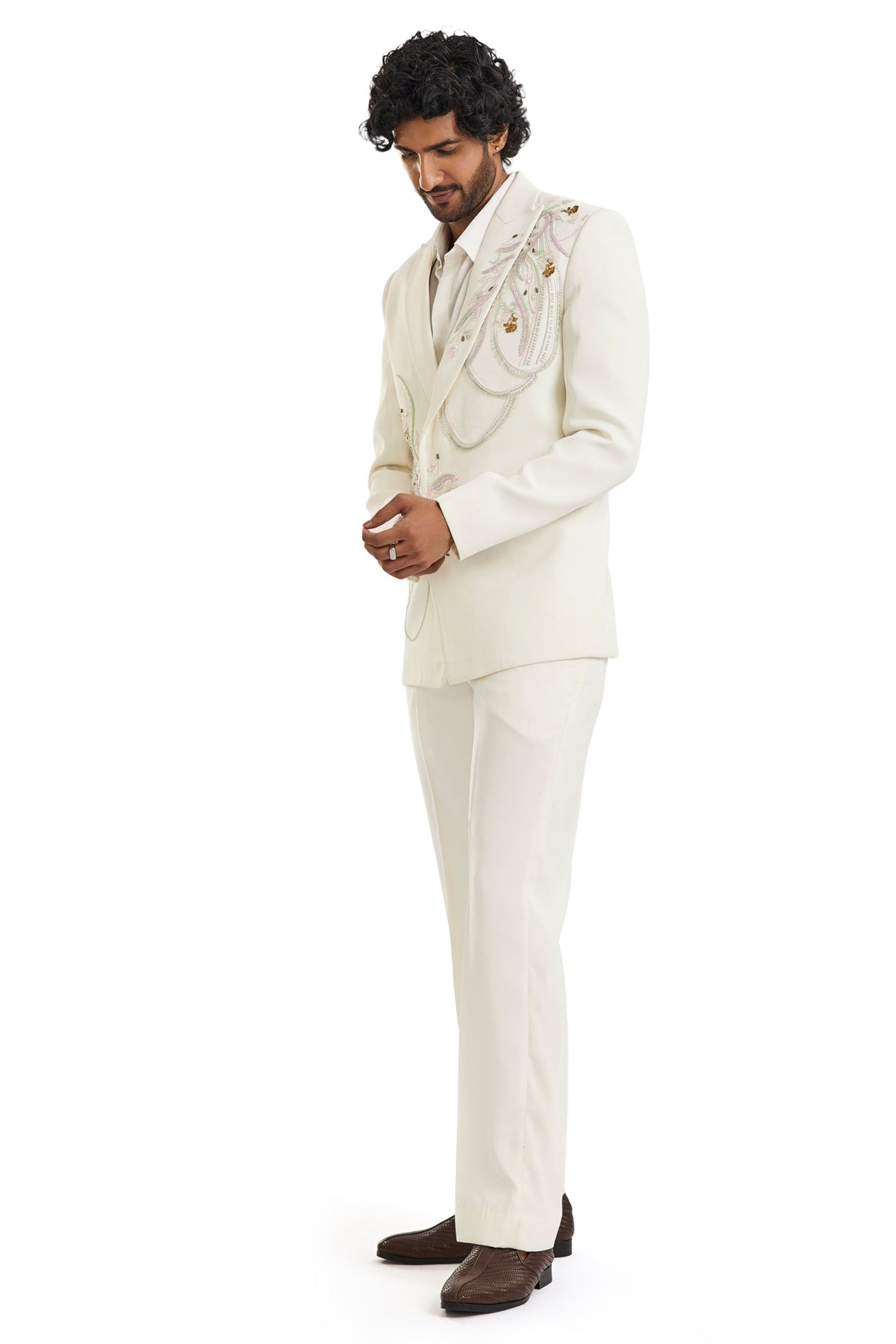 White Double Breasted Embroidered Blazer Set