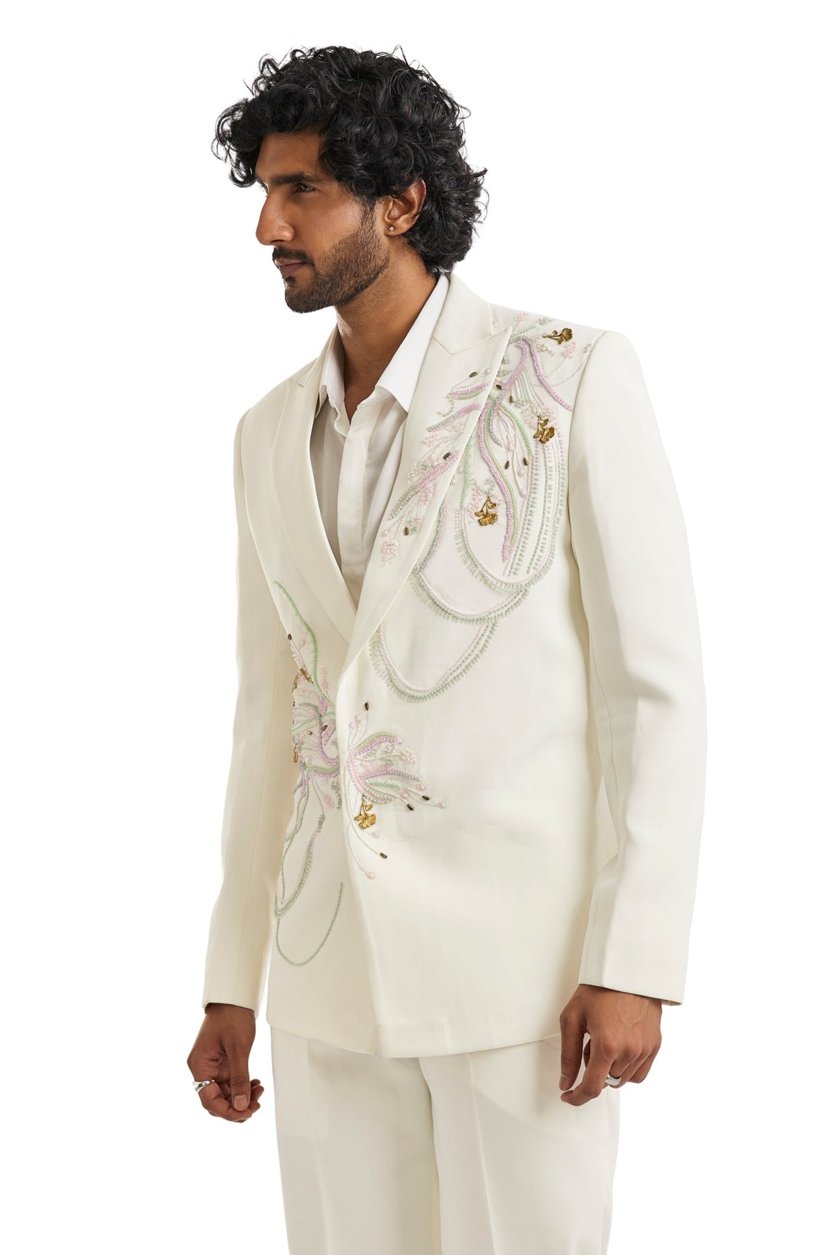 White Double Breasted Embroidered Blazer Set