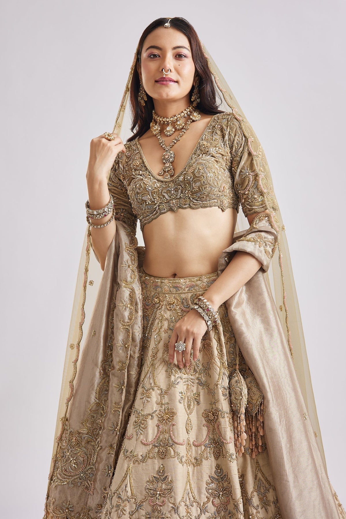 Beige And Green Dual Dupatta Embroidered Bridal Lehenga For Pheras