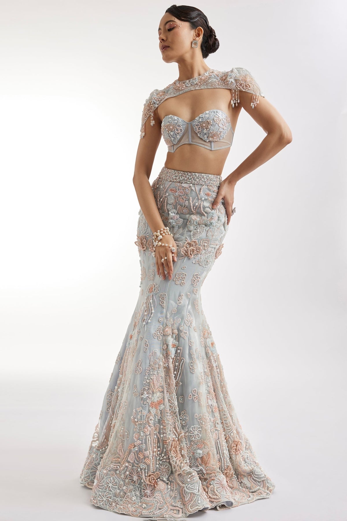 Blue Fish Cut Lehenga Set With Embellished Cape