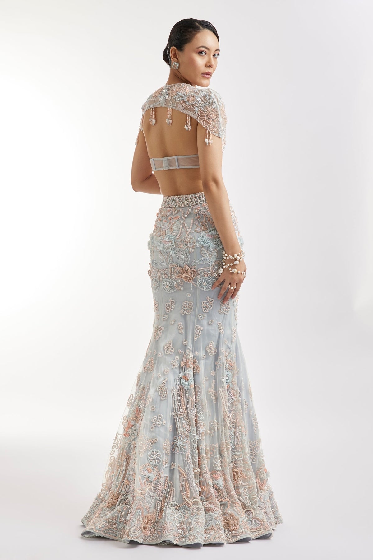 Blue Fish Cut Lehenga Set With Embellished Cape