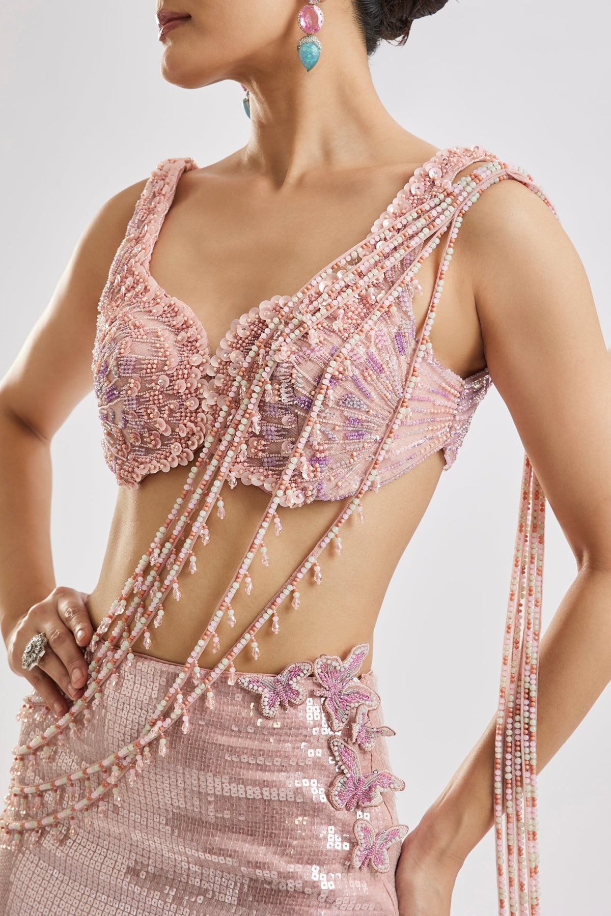 Pink Embellished Drape Saree Set
