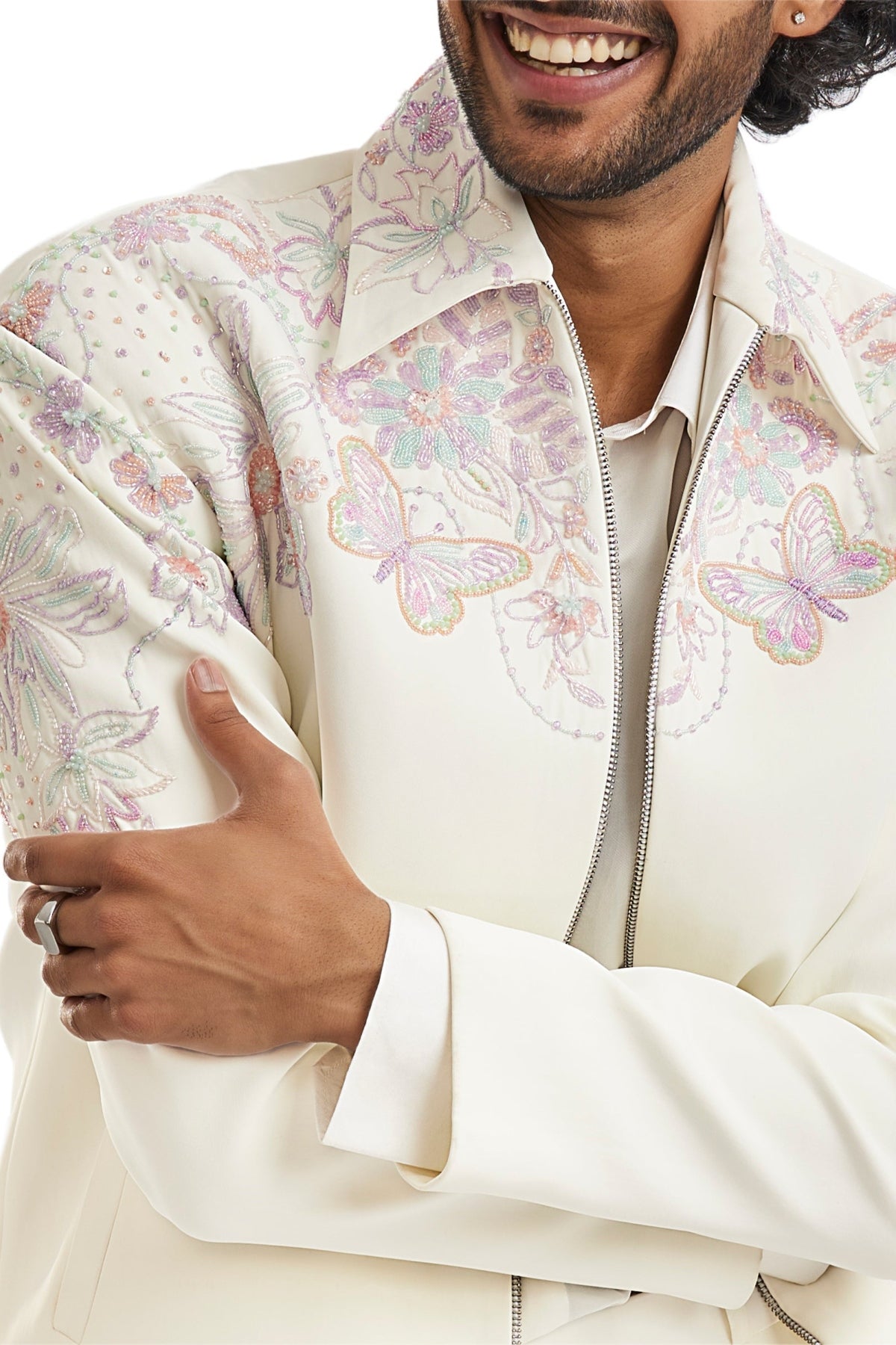 White Embroidered Bomber Jacket Set