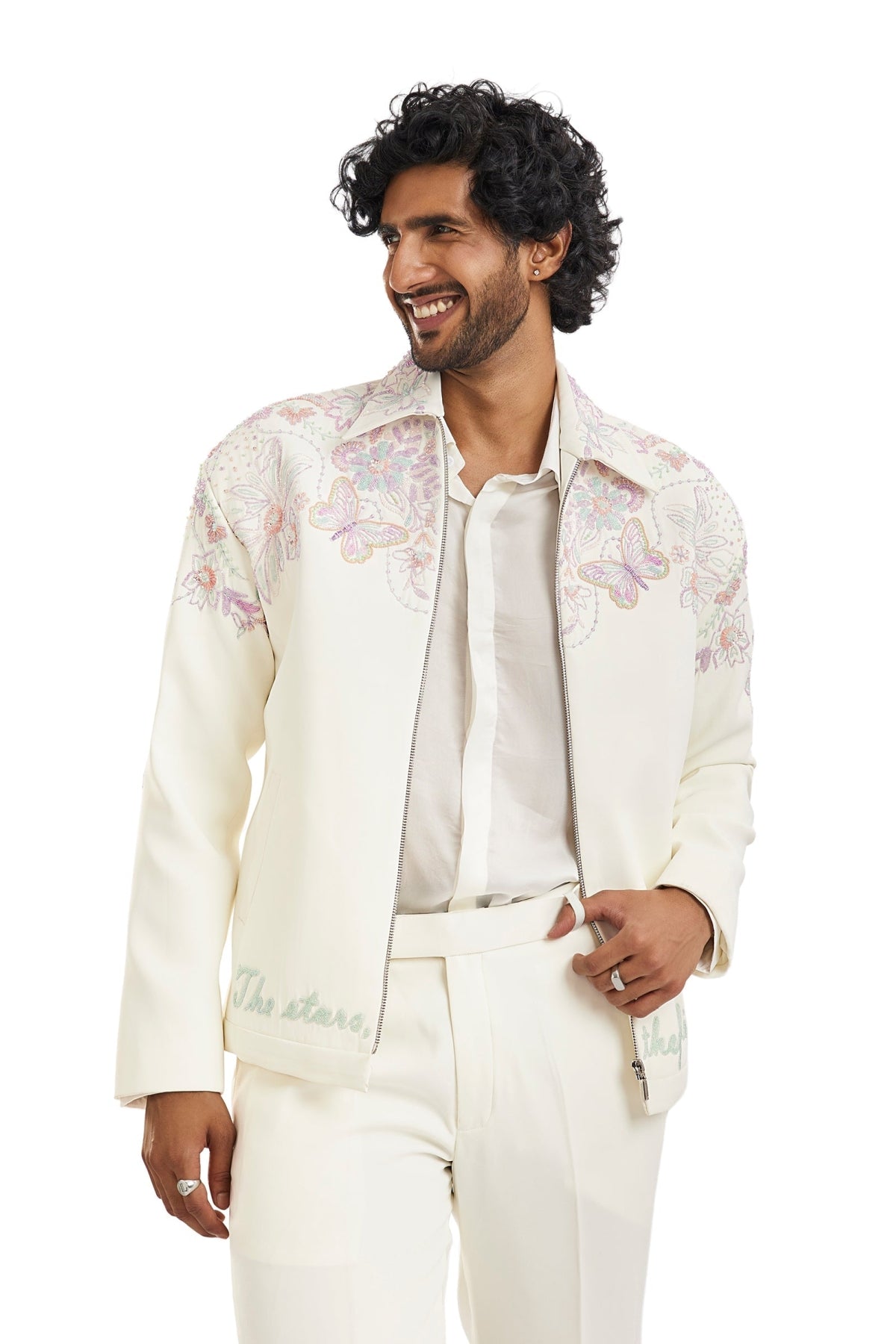White Embroidered Bomber Jacket Set