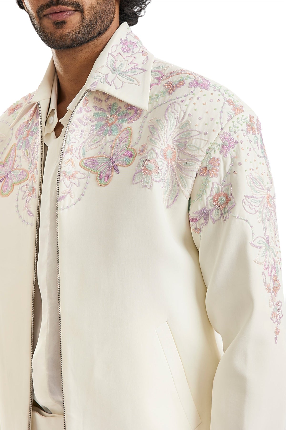 White Embroidered Bomber Jacket Set