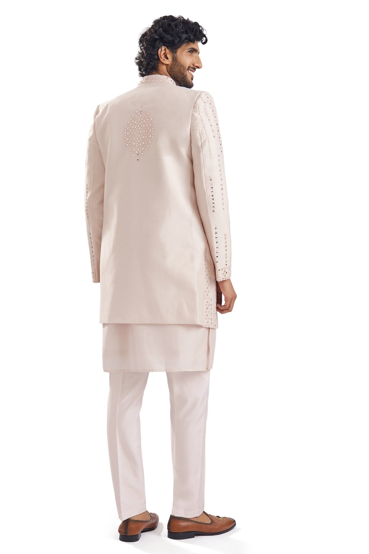 Peach Mirror Work Groomsman Sherwani