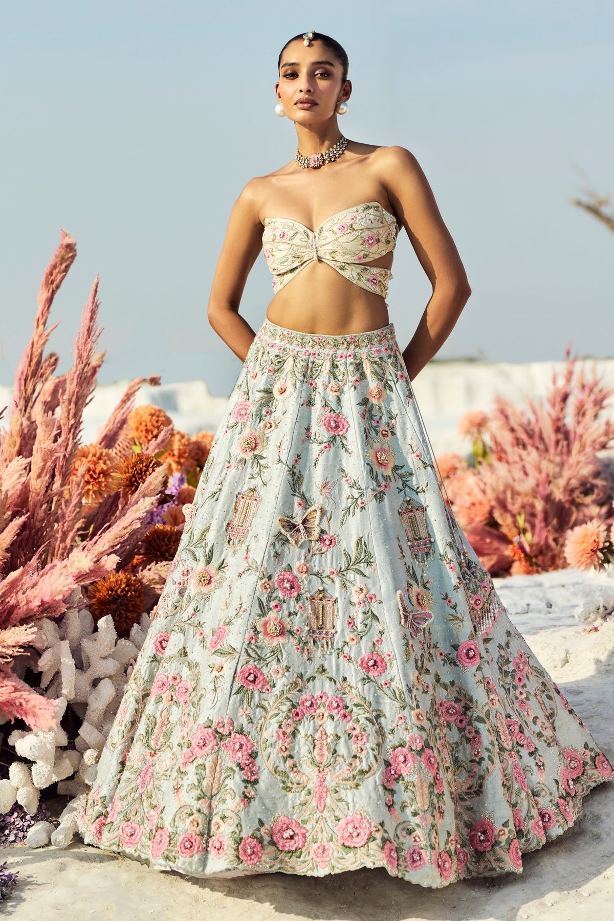 Sky Blue Butterfly Blouse Lehenga Set
