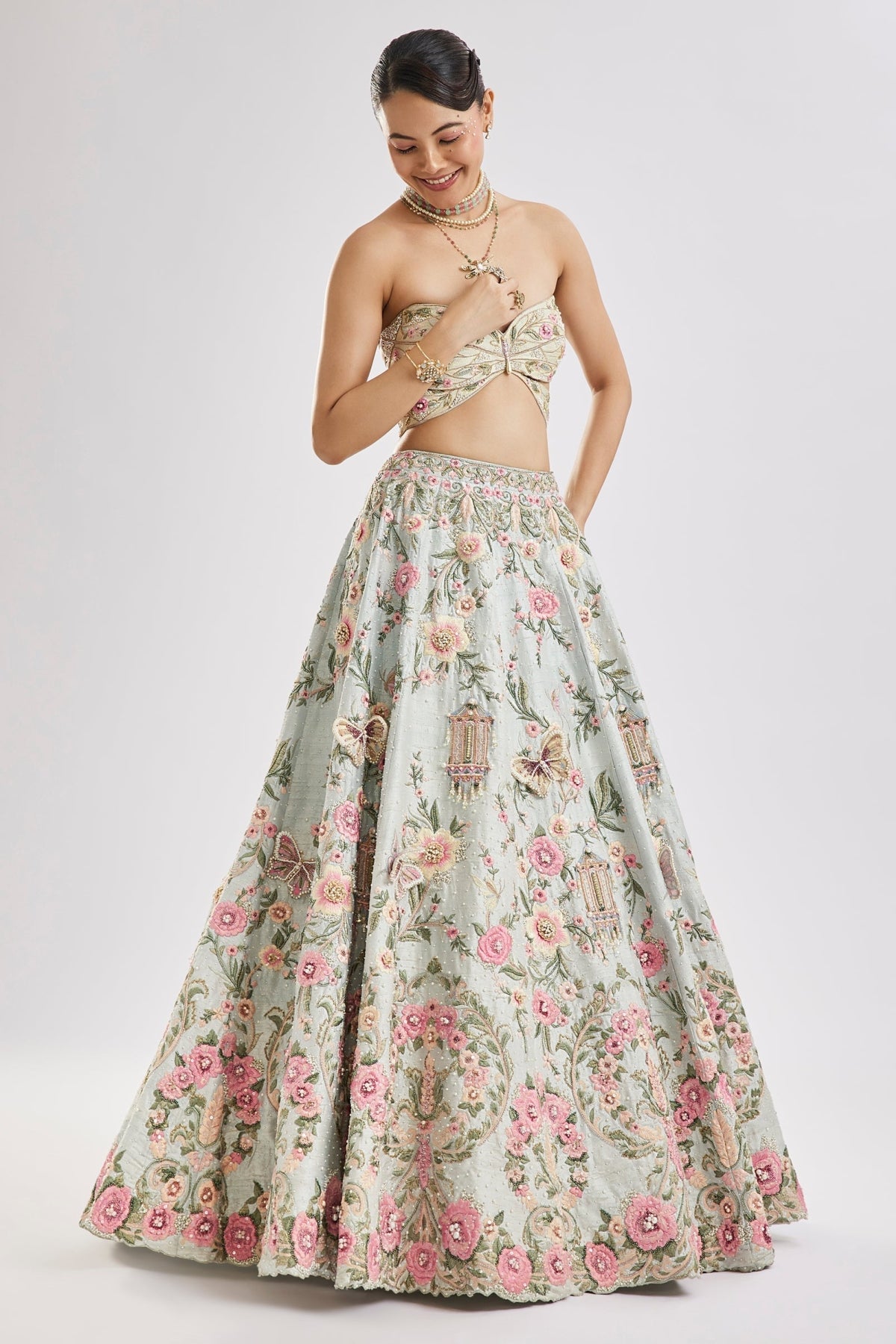 Sky Blue Butterfly Blouse Lehenga Set