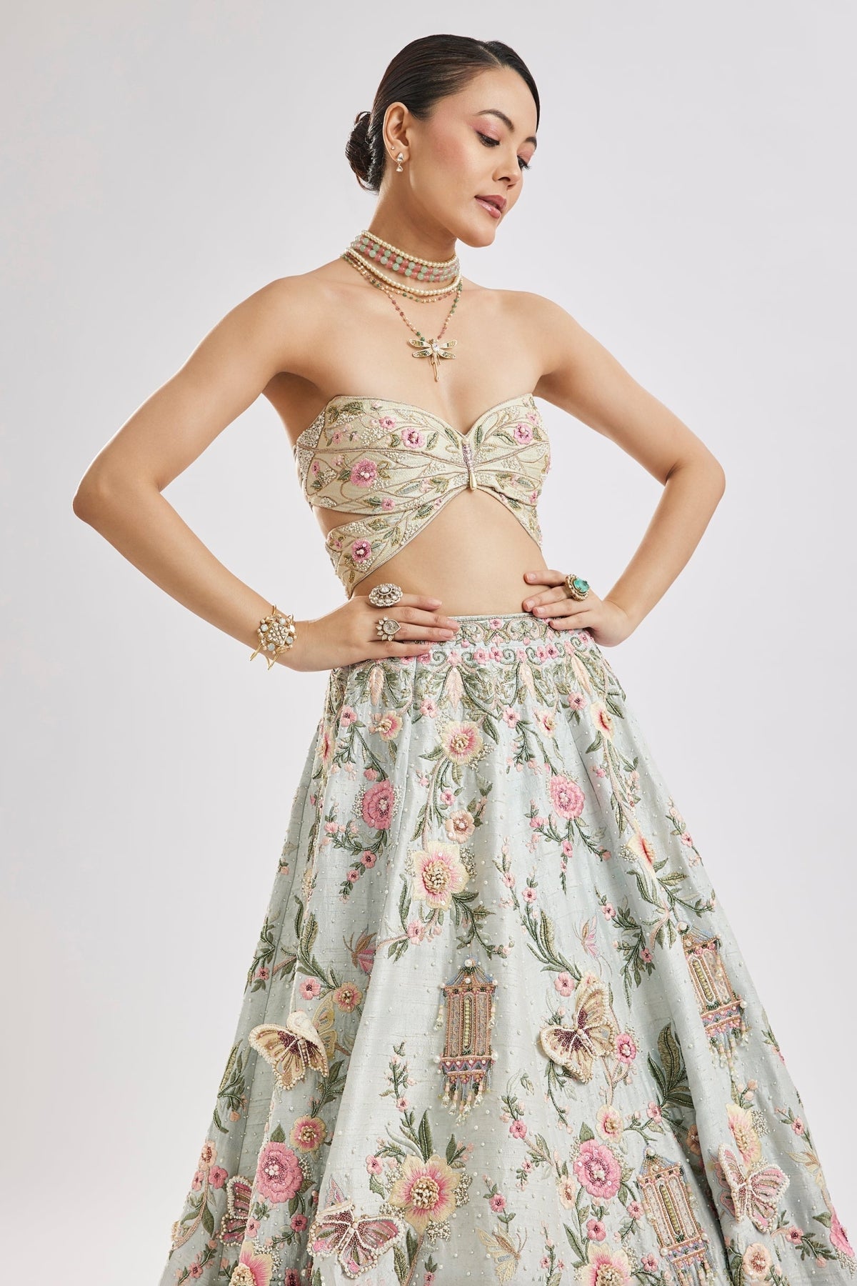 Sky Blue Butterfly Blouse Lehenga Set