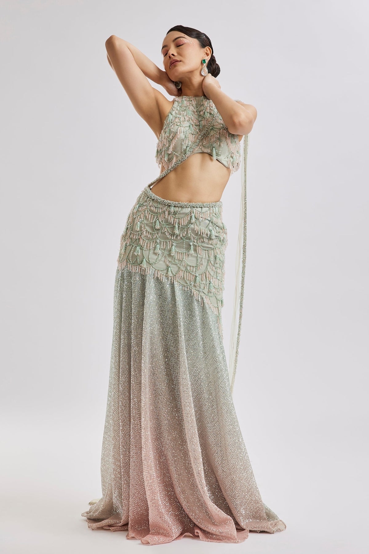 Peach Fish Cut Lehenga Set With Attached Dupatta