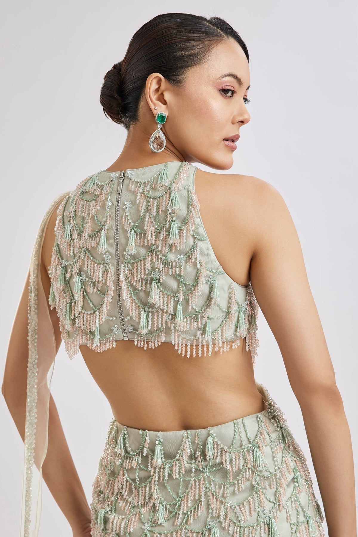 Peach Fish Cut Lehenga Set With Attached Dupatta