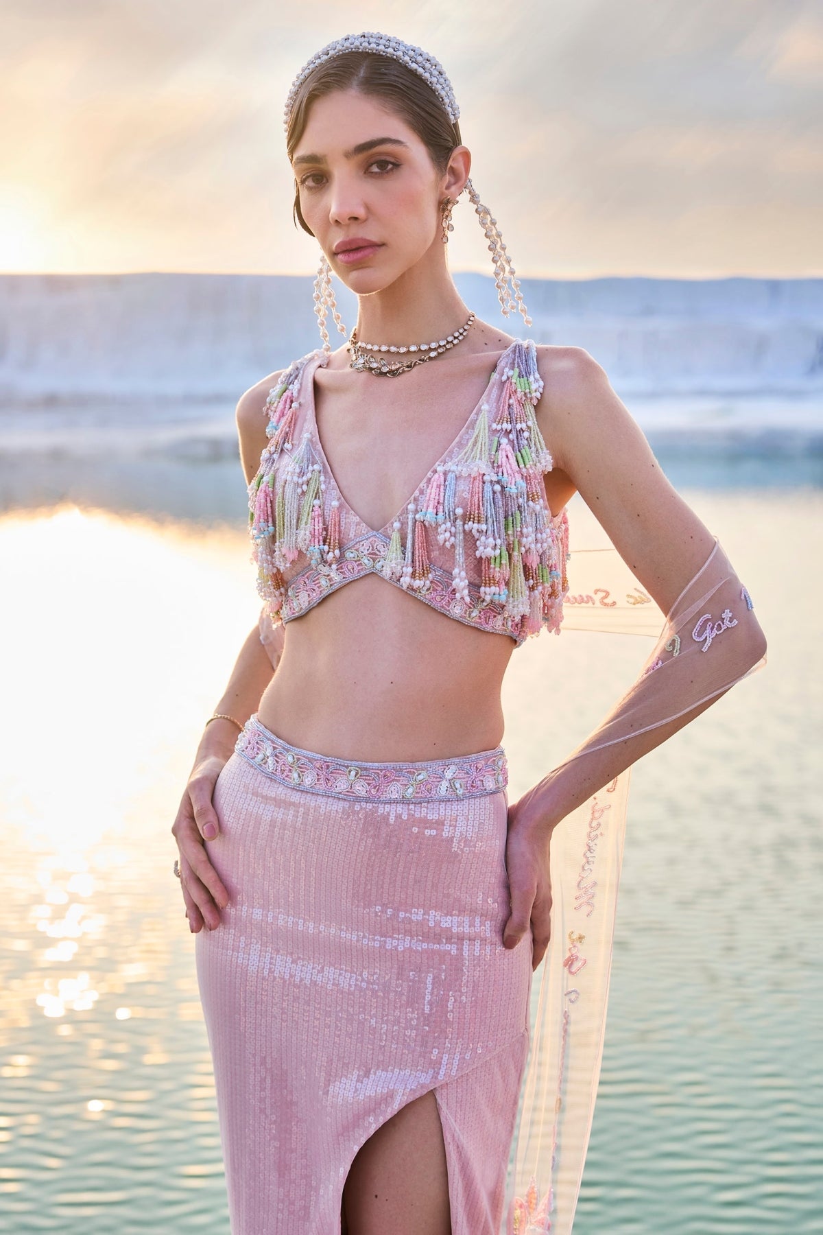Peach Fish Cut Lehenga Set With Dupatta