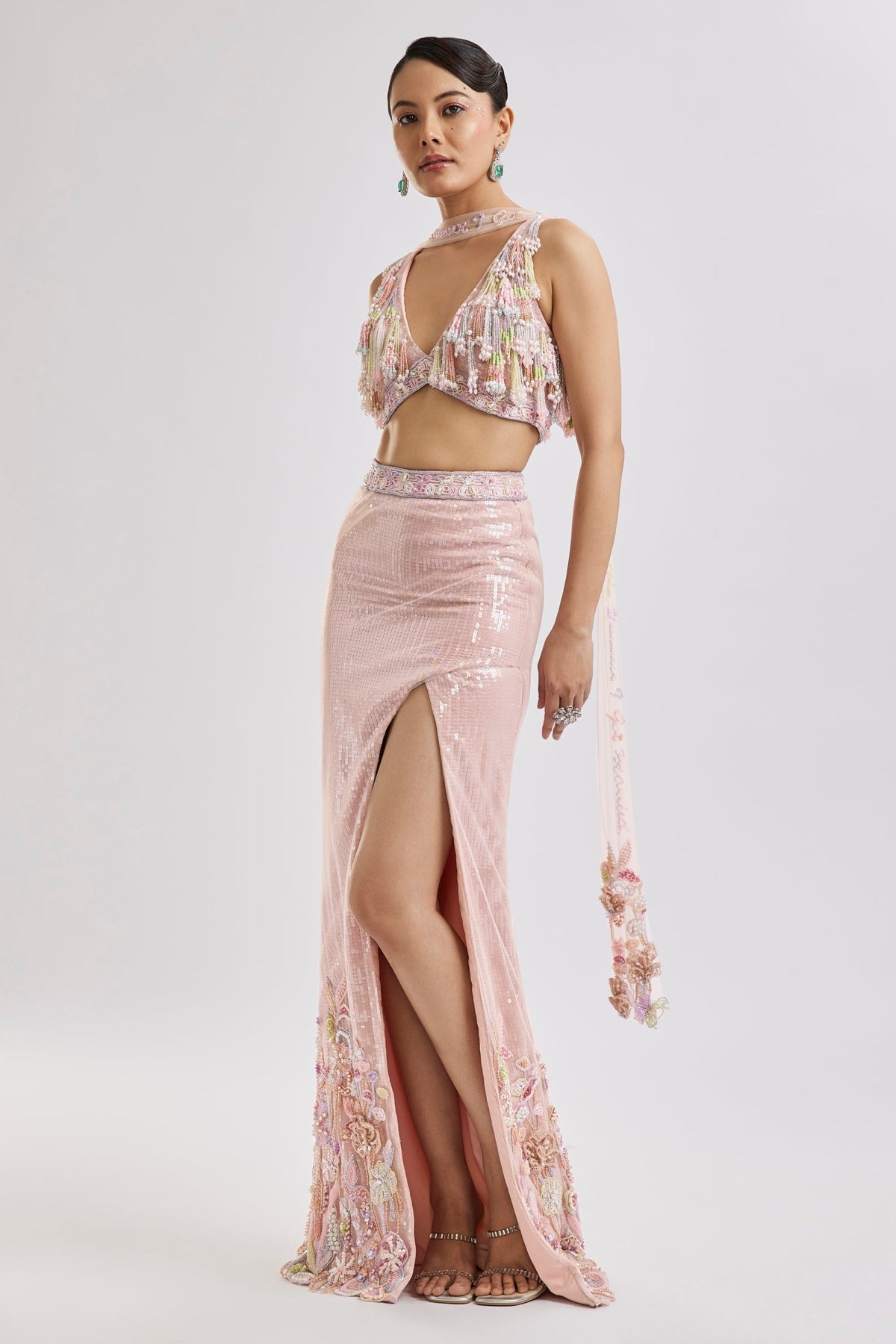 Peach Fish Cut Lehenga Set With Dupatta