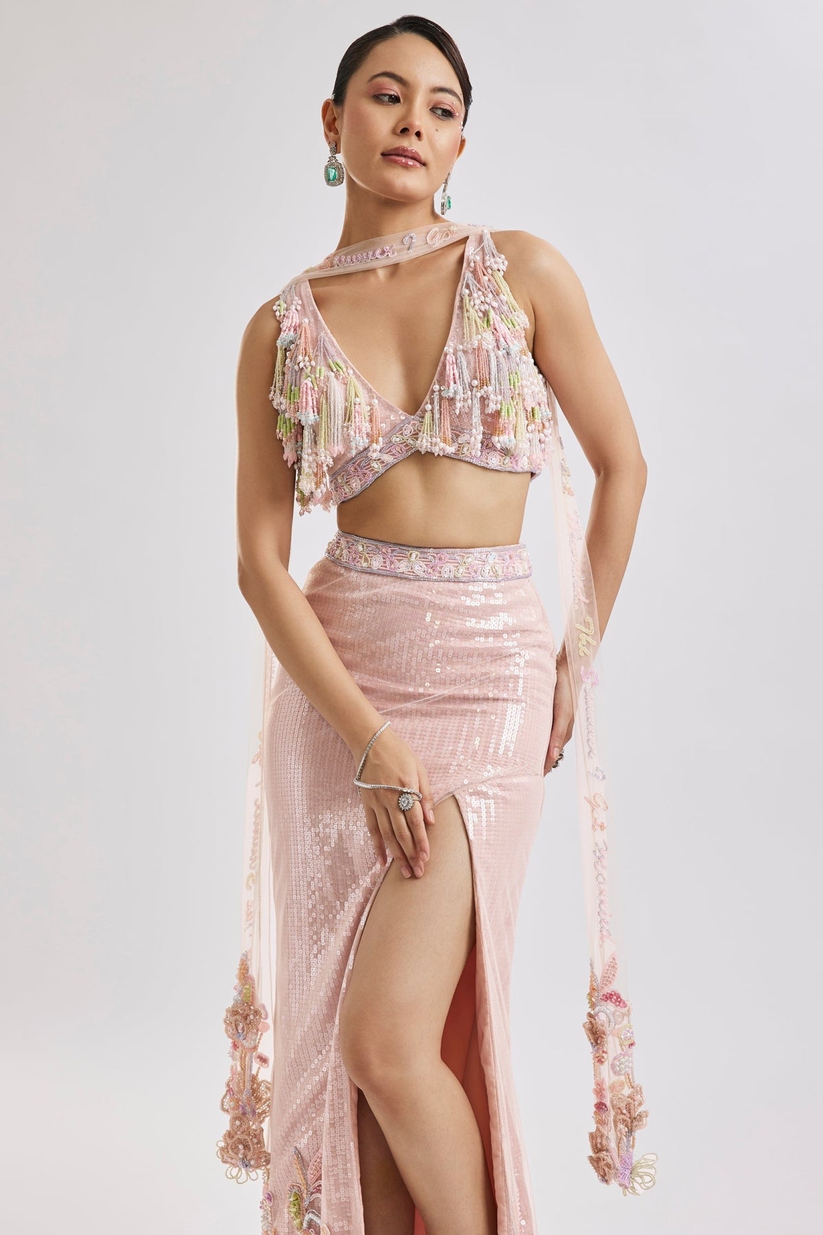 Peach Fish Cut Lehenga Set With Dupatta
