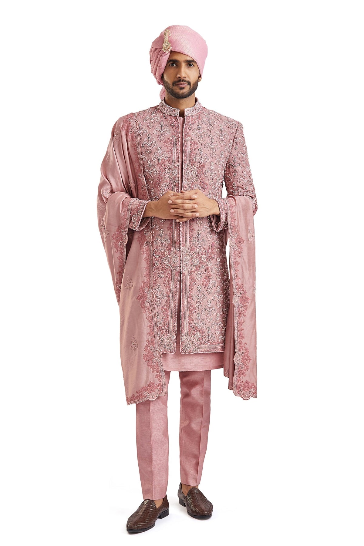 Dusty Pink Self Embroidered Groom Sherwani