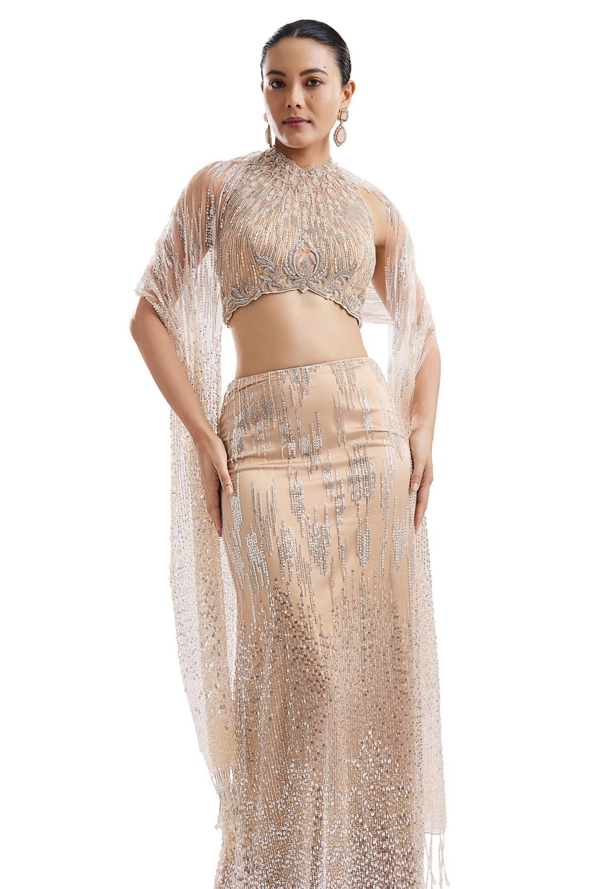 Beige Statement Halter Skirt Set With Dupatta