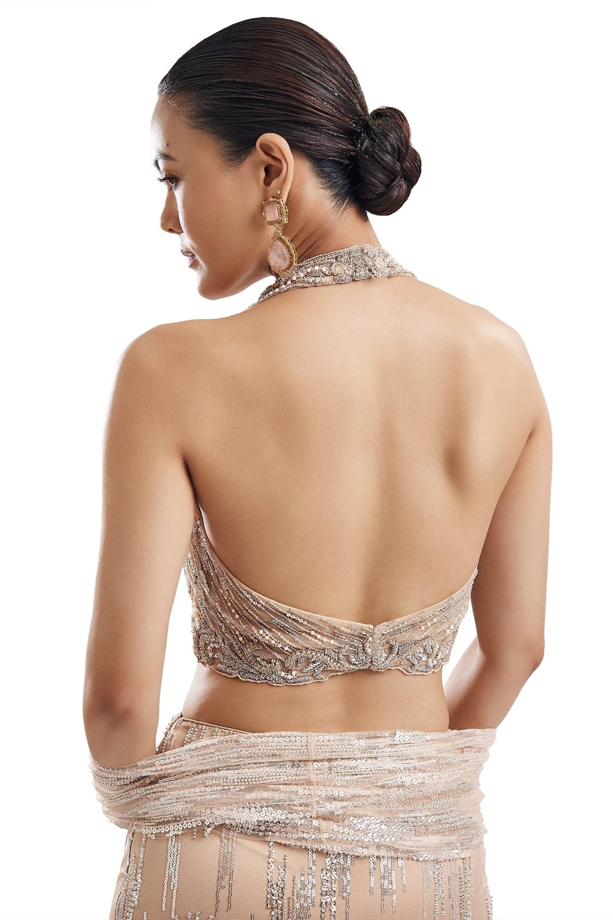 Beige Statement Halter Skirt Set With Dupatta