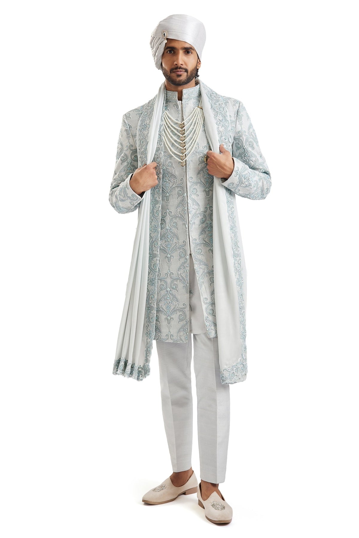 Powder Blue Self Embroidered Groom Sherwani