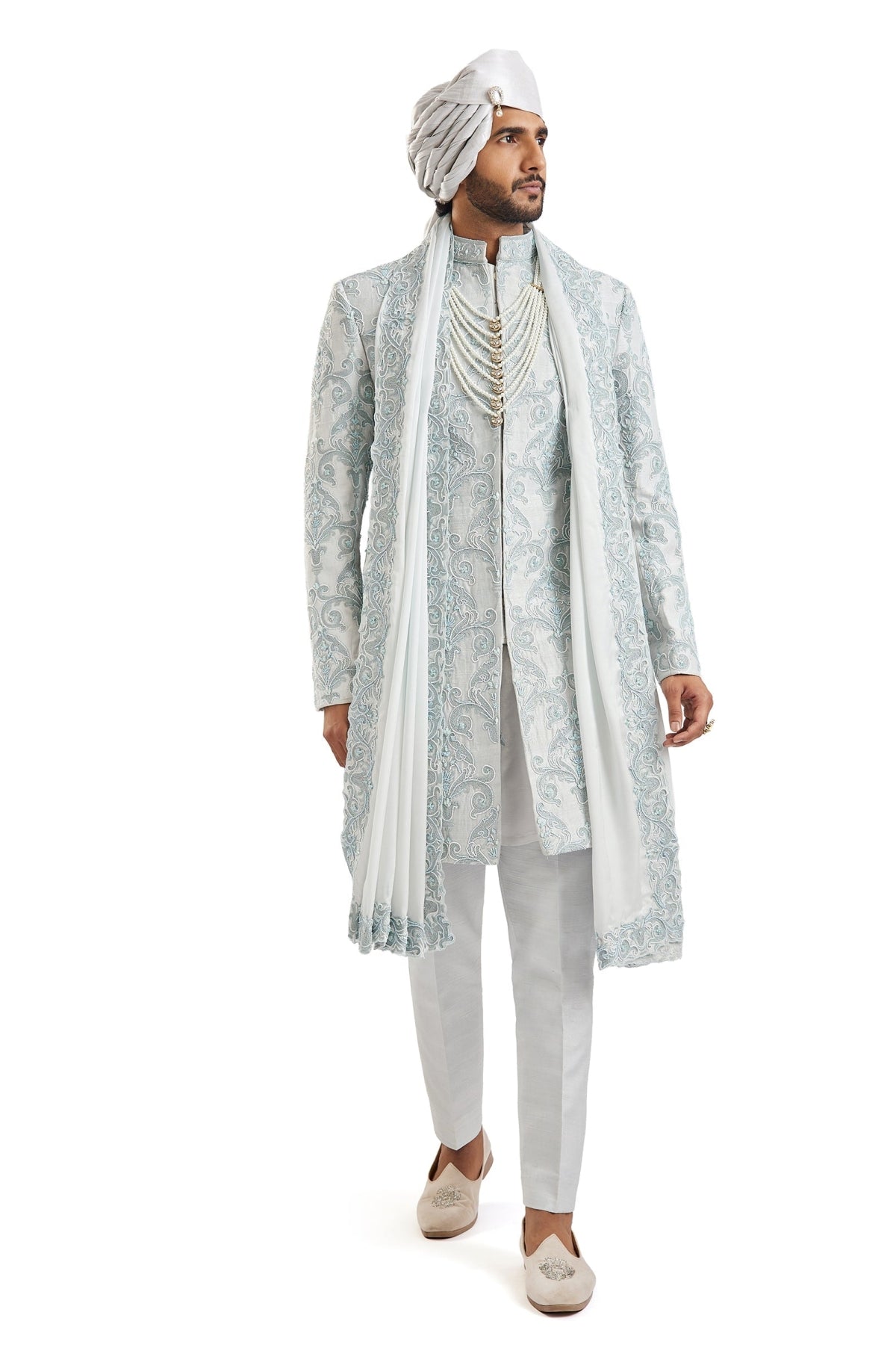 Powder Blue Self Embroidered Groom Sherwani
