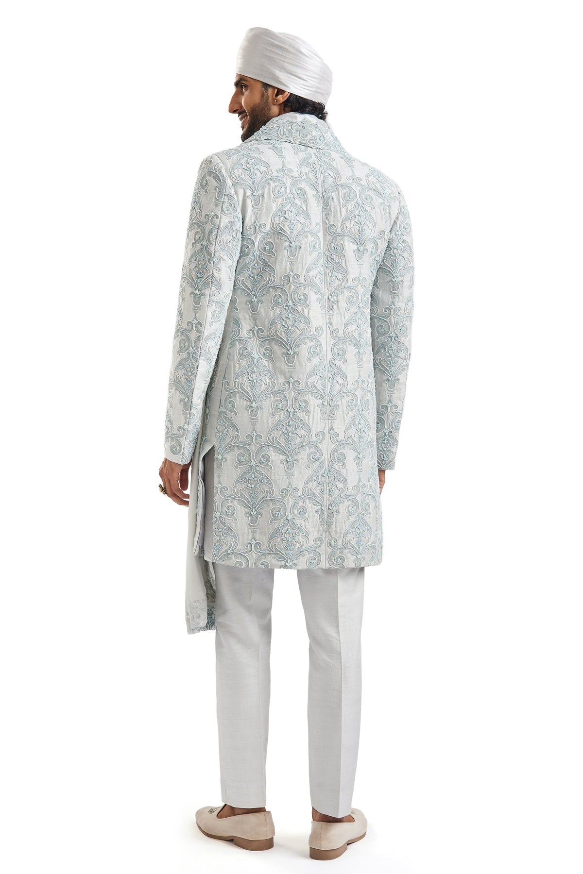 Powder Blue Self Embroidered Groom Sherwani