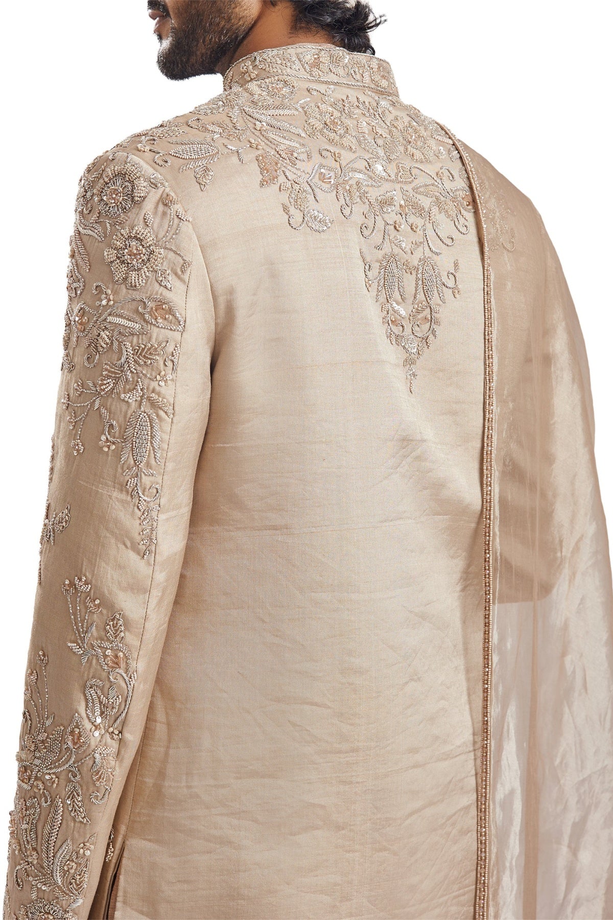 Beige Tussar Intricately Embroidered Sherwani