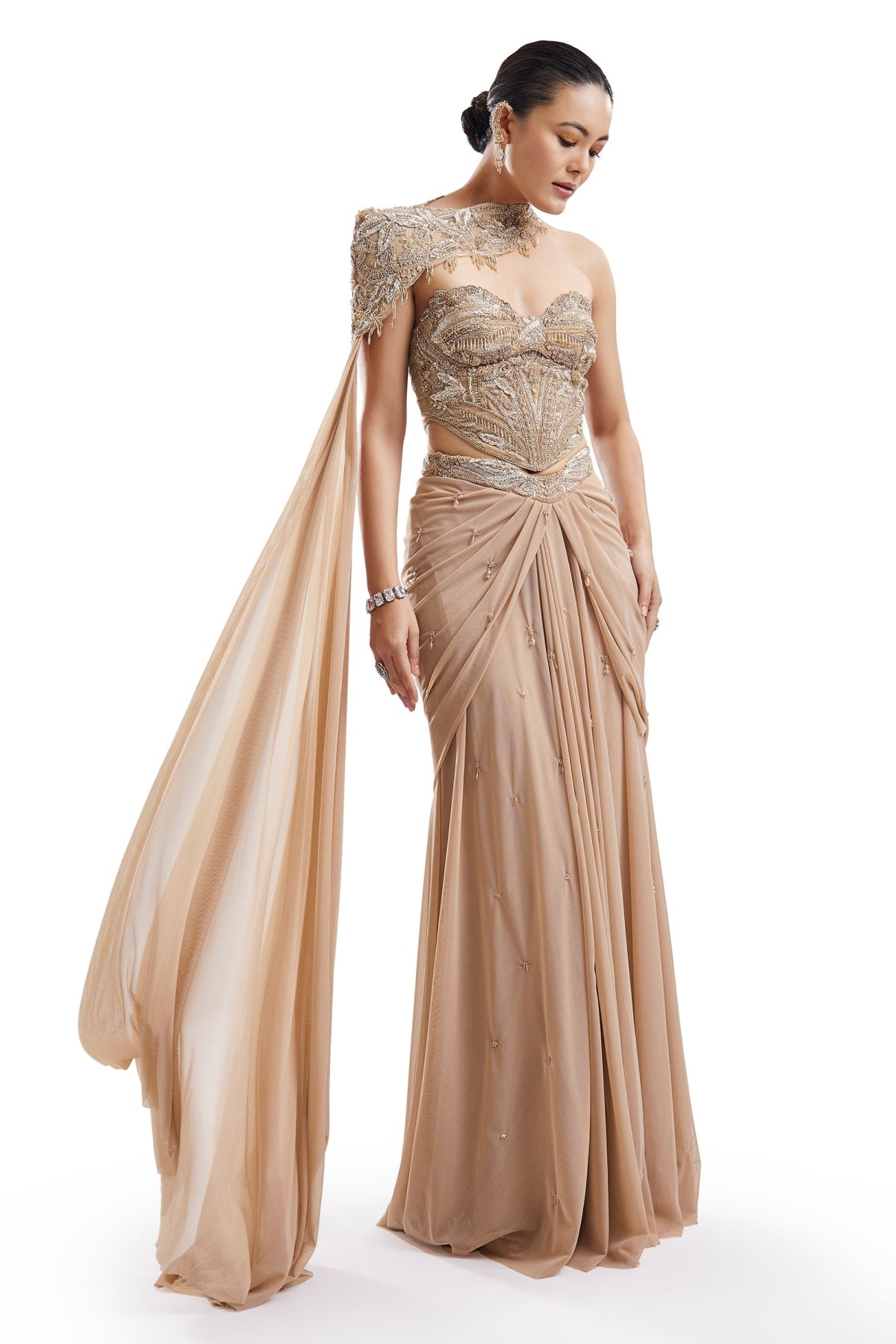 Gold Embroidered Drape Skirt Set With Sweetheart Blouse