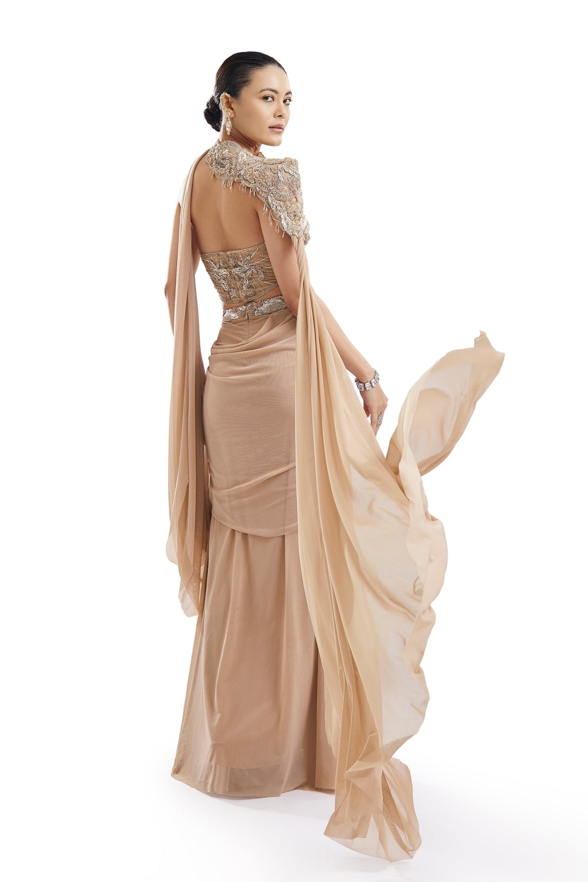 Gold Embroidered Drape Skirt Set With Sweetheart Blouse