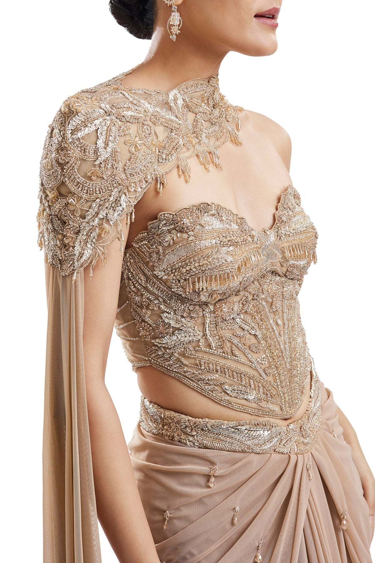 Gold Embroidered Drape Skirt Set With Sweetheart Blouse